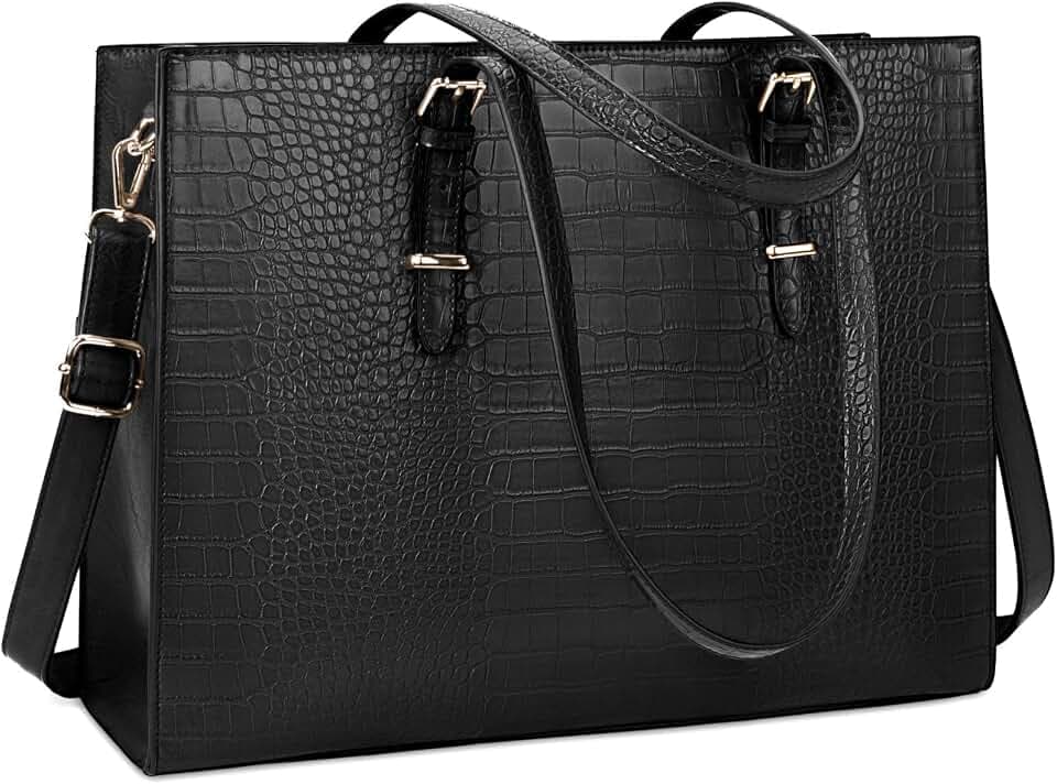 Laptop Bag for Women 15.6 Inch Crocodile Leather Tote Bag Water-resistant Work Briefcase Business Computer Shoulder Bag for Travel Teacher Nurse Professional Handbag,Black
