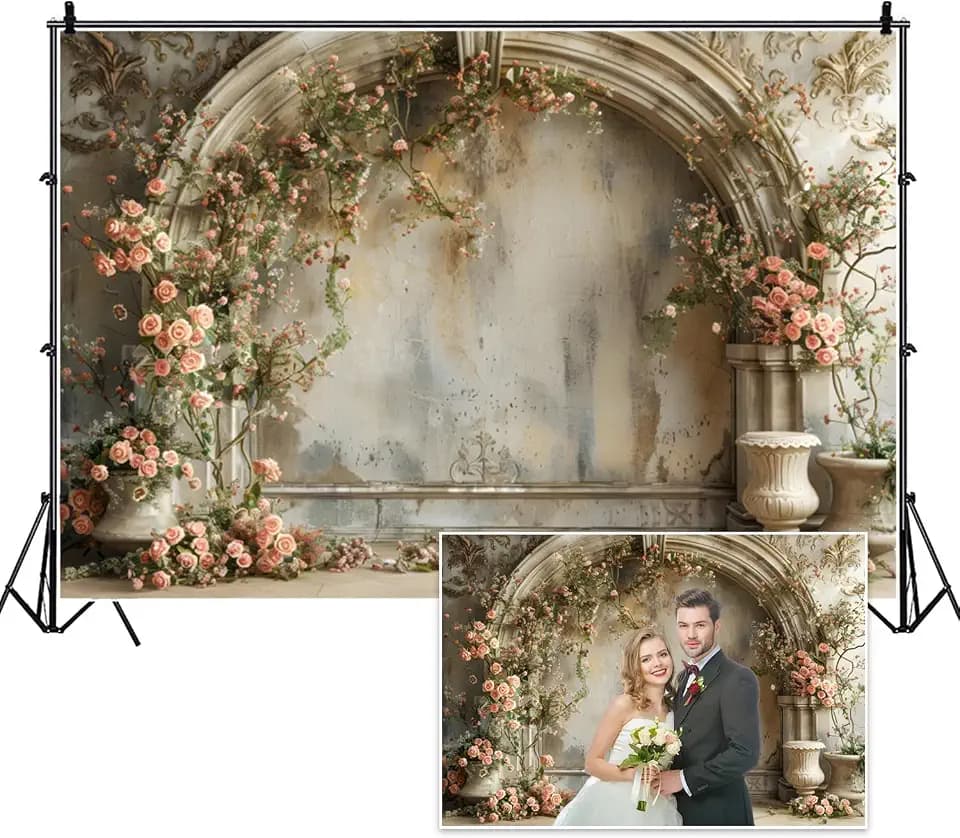 Vintage Wedding Backdrop Boho Floral Pink Rose Rustic 7x5ft