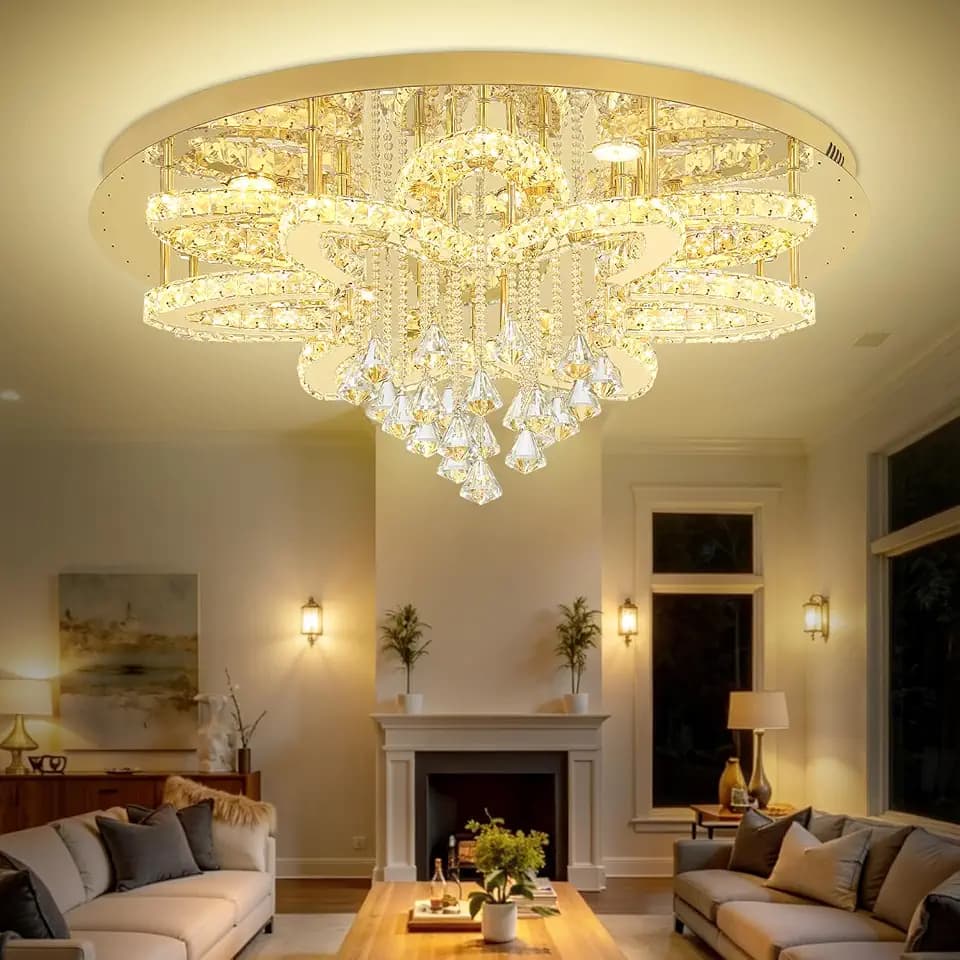 Flashing God W32 Modern Crystal Chandelier for Living Room Gold Raindrop Chandelier Flush Mount Chandeliers for Foyer Dining Room Hallway Dimmable 2700K-6000K