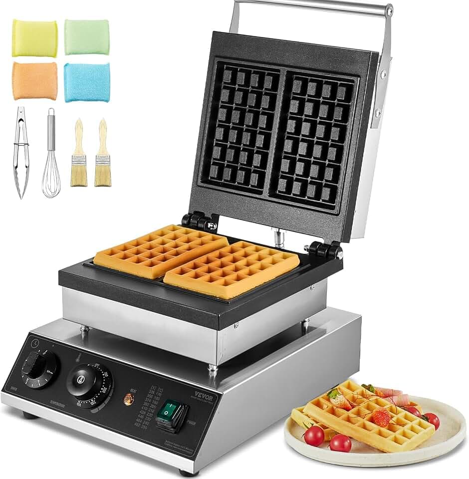 VEVOR kommerzielles Waffeleisen Waffelmaschine 2000 W antihaftbeschichtetes belgisches Waffeleisen aus Edelstahl mit Temperatur- und Zeitregelung, für Restaurant Bäckerei Snackbar 2 Stk. Waffeln