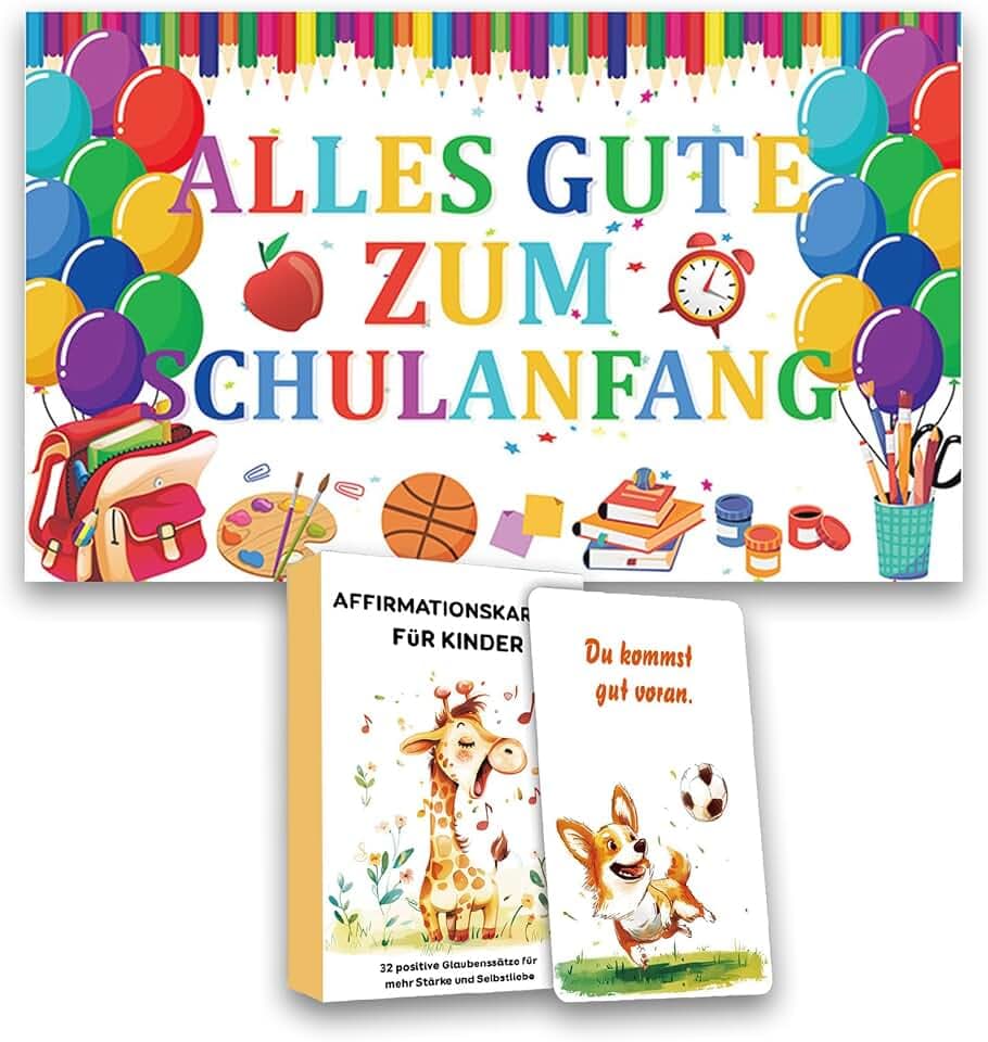 32 Stück Affirmationskarten Kinder und Schulanfang Schulkind Willkommen Banner 110*180cm, Einschulung Junge Deko 2025 und Mutmachkarten für Kinder, Schuleinführung, Motivationskarten, Mädchen