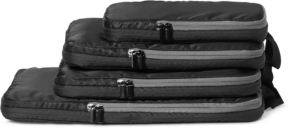 Amazon Essentials Ultralight Compression Packing Cubes, Recycled Fabric, 2 Zippers, 4-Pack, Black, for Suitcases or Backpacks