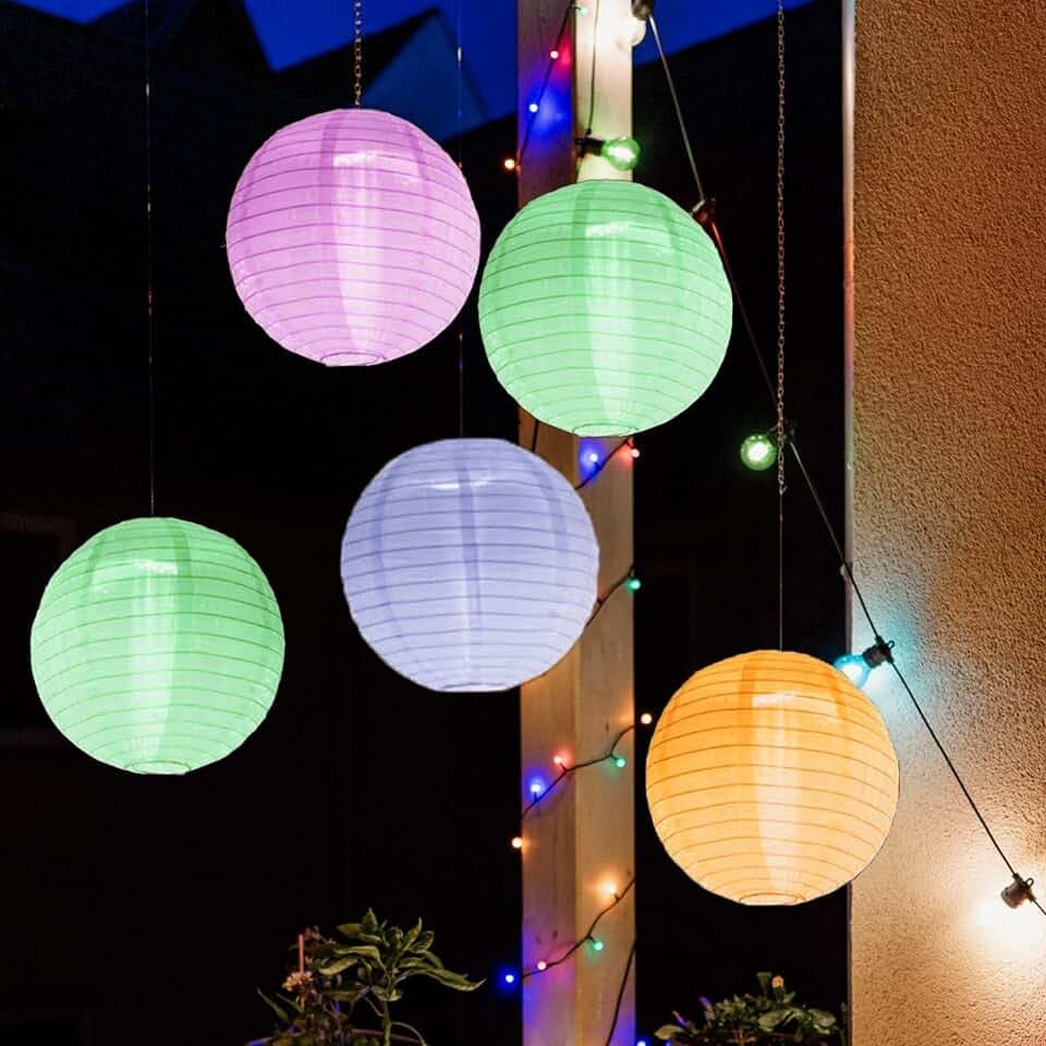 hellum LED Lampions außen wetterfest 5x bunt, Fernbedienung Batterie Ø30cm