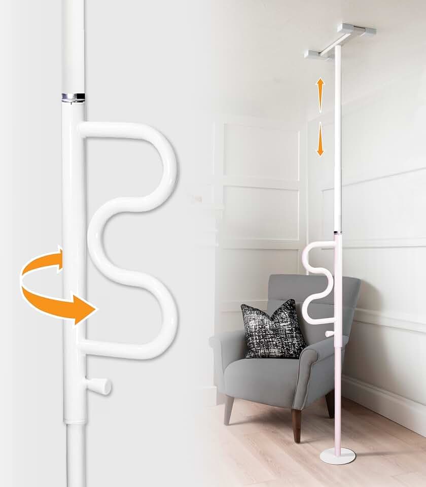Stander Wonder Pole HD, Heavy Duty Security Pole and Curve Grab Bar, Tension Mounted Floor to Ceiling Transfer Pole for Seniors & Elderly Adults, Bariatric Bath Safety Assist Rail, Supports 400 lbs
