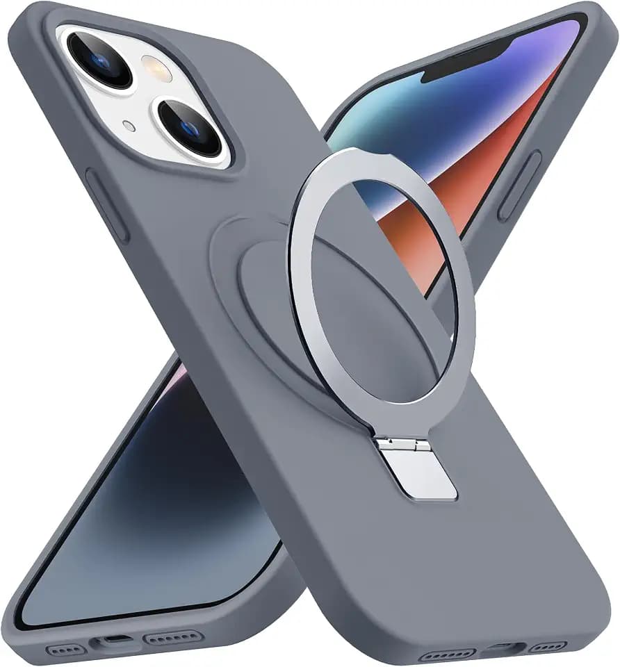 for iPhone 13 Case & iPhone 14 Case with Magnetic Ring Stand Silicone Phone Case 6.1" for Women Men [Compatible with MagSafe][Military-Grade Drop Protection][Perfect Grip Feeling], Grey