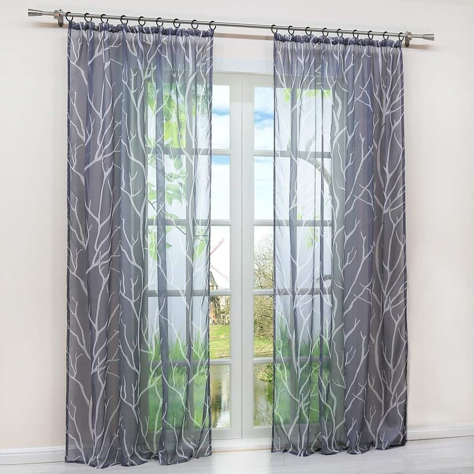 HongYa Gardine Transparent aus Voile mit Kräuselband und Zweigmuster