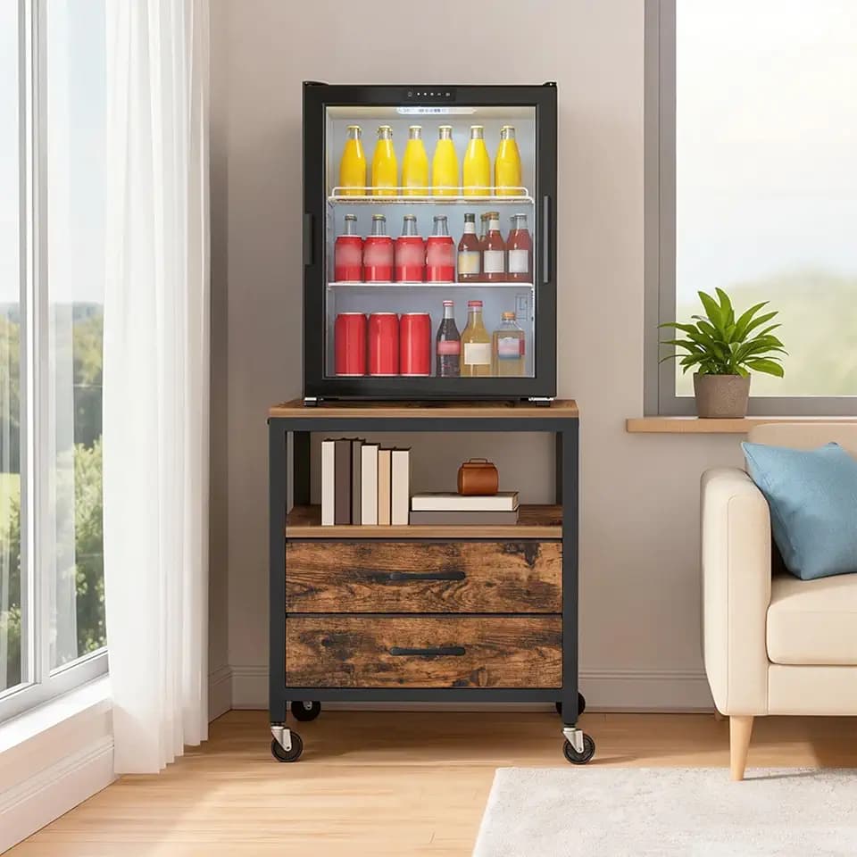 MAHANCRIS Mini Fridge Stand, 4-Tier Mobile Printer Stand, Mini Fridge Table on Wheels, Mini Fridge Cabinet with Storagefor Kitchen, Rolling Fridge Cart with 2 Drawers, Rustic Brown and Black RSHR5001