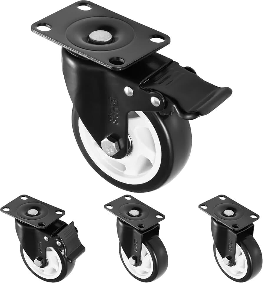 H&S Möbelrollen - 4er Set Schwarze 100mm PU Gummirollen mit Bremse und Doppelt Kugelgelagerten Drehköpfen - Schwerlastrollen für bis zu 600 kg - Rollen auch für den Aussenbereich - Räder Für Werkbank
