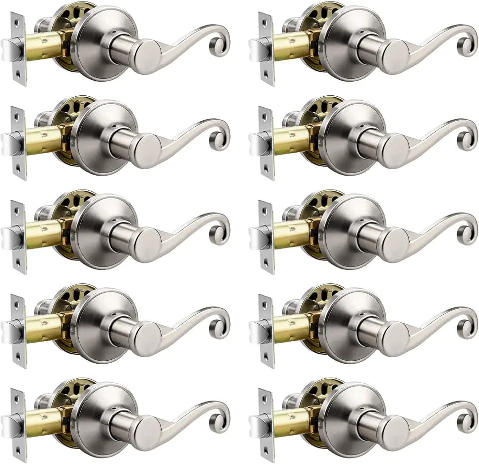Passage Door Handle - Non-Locking Interior Lever for Hallway & Closet Doors, Modern Curlicue Scroll Design, Right Handed, Satin Nickel, 10 Pack