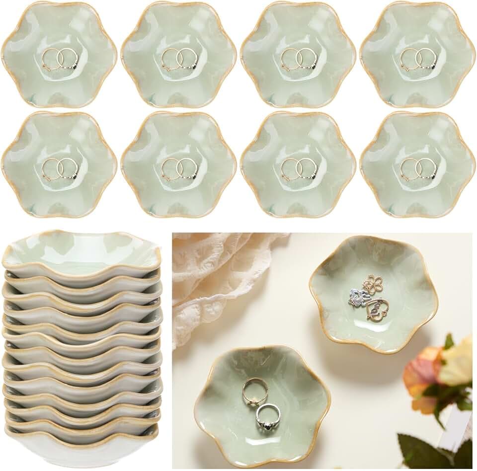 Teenyyou 8 Pcs Ceramic Jewelry Dish Bulk Small Trinket Tray, Green