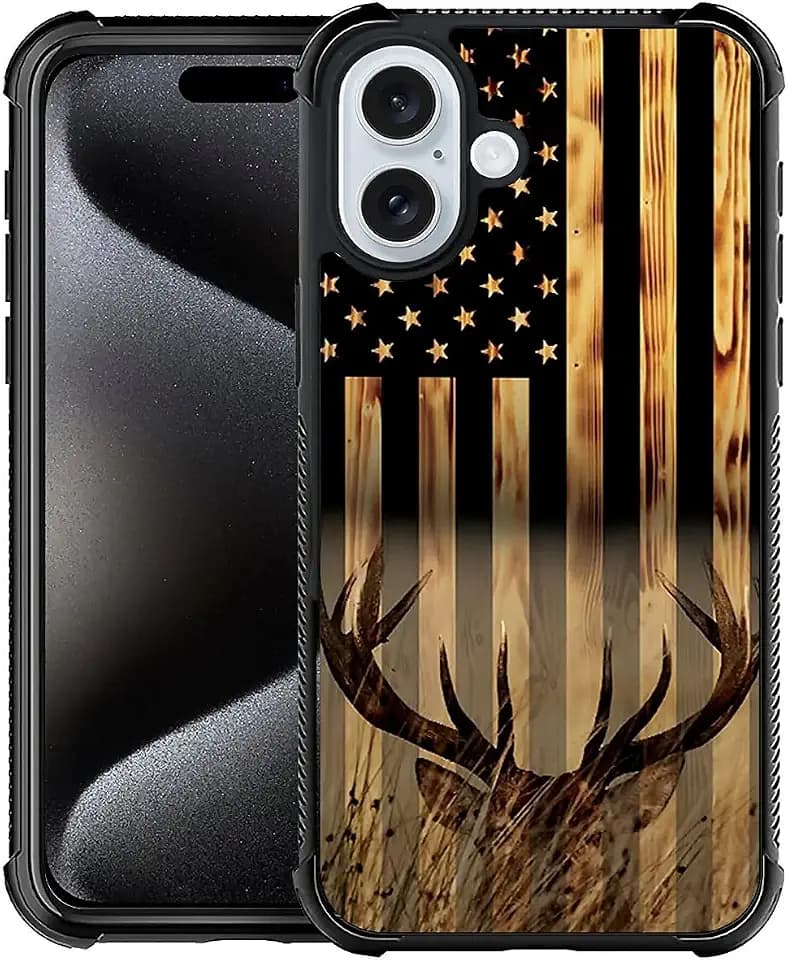 DJSOK Compatible with iPhone 16 Plus Case，Design Pattern Back Bumper Anti Scratch Reinforced Corners Soft TPU Caver,Cases for Men Women-Wood Grain American Flag Buck Hunter Deer