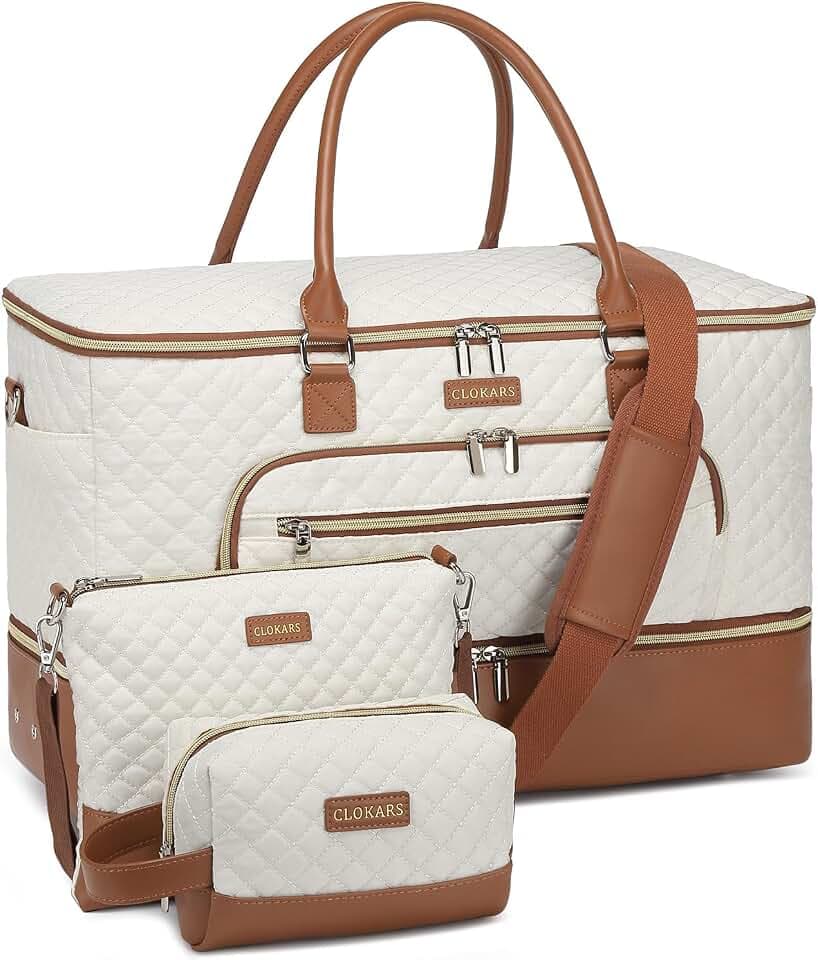 Weekender Bags for Women Travel, Wide Open Hospital Bag Duffle Bag with Luggage Sleeve & Shoe Compartment Large Travel Tote Carry On Overnight Bags, Travel Gifts, Beige Brown