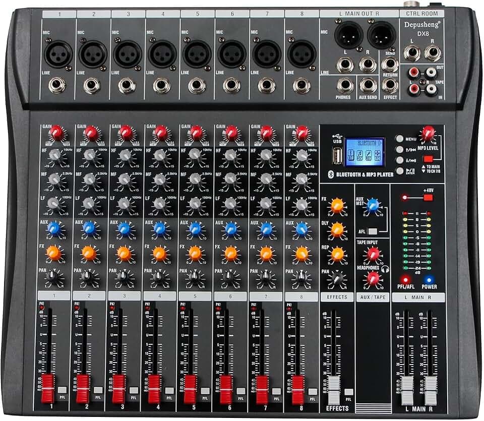 Depusheng Audio Mixer Professional 8 channel,DX8 Sound Board DJ Mixing Console System Interface USB MP3 Input Bluetooth 48V Phantom Power,Black, USB Audio Mixer for PC,for Studio Karaoke Live Music