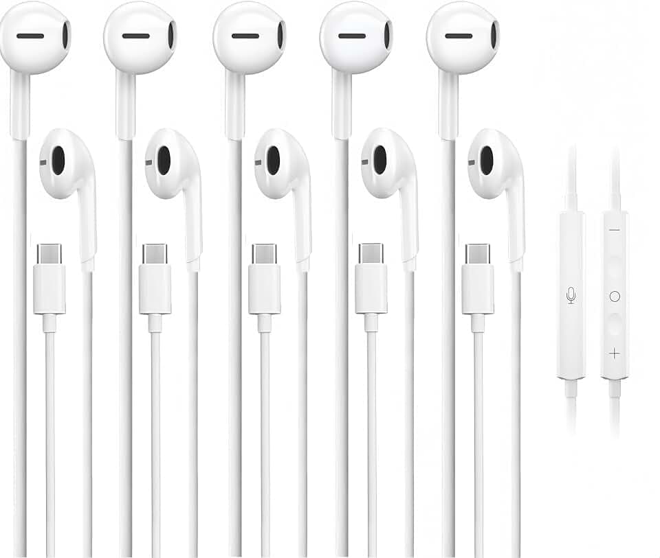 5 Pack USB C Headphones for iPhone 17/16/15 Pro Max iPad Plus TypeC Earphones with Microphone Volume Control USBC Wired Earbuds USB Type C Earphone for Samsung S25 Ultra S24 S23 S22 （1.2M/4Ft）