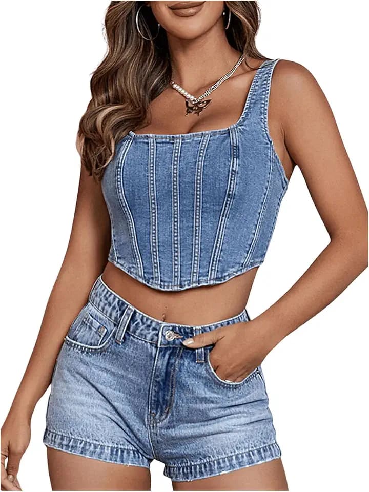 Floerns Women's Square Neck Sleeveless Corset Denim Zip Up Back Crop Top