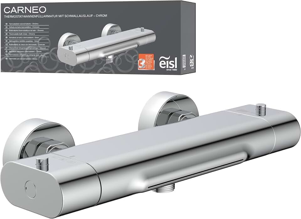 EISL Badewannenarmatur CARNEO, Mischbatterie mit Thermostatregulierung, Wasserfall-Auslauf, Sicherheitssperre bei 38°C, geringere Stoßgefahr durch kurzen Überhang, Chrom