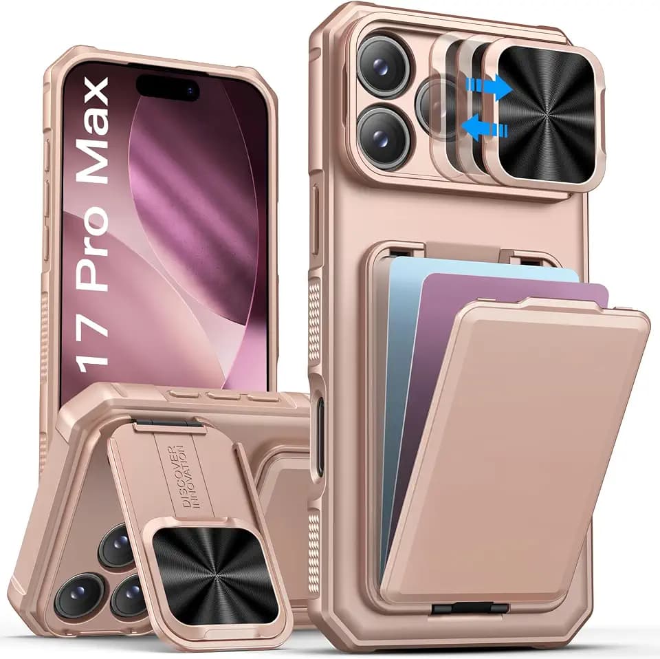 SSLOTSCASE for iPhone 17 Pro Max Case with Wallet & Kickstand, Rose Gold
