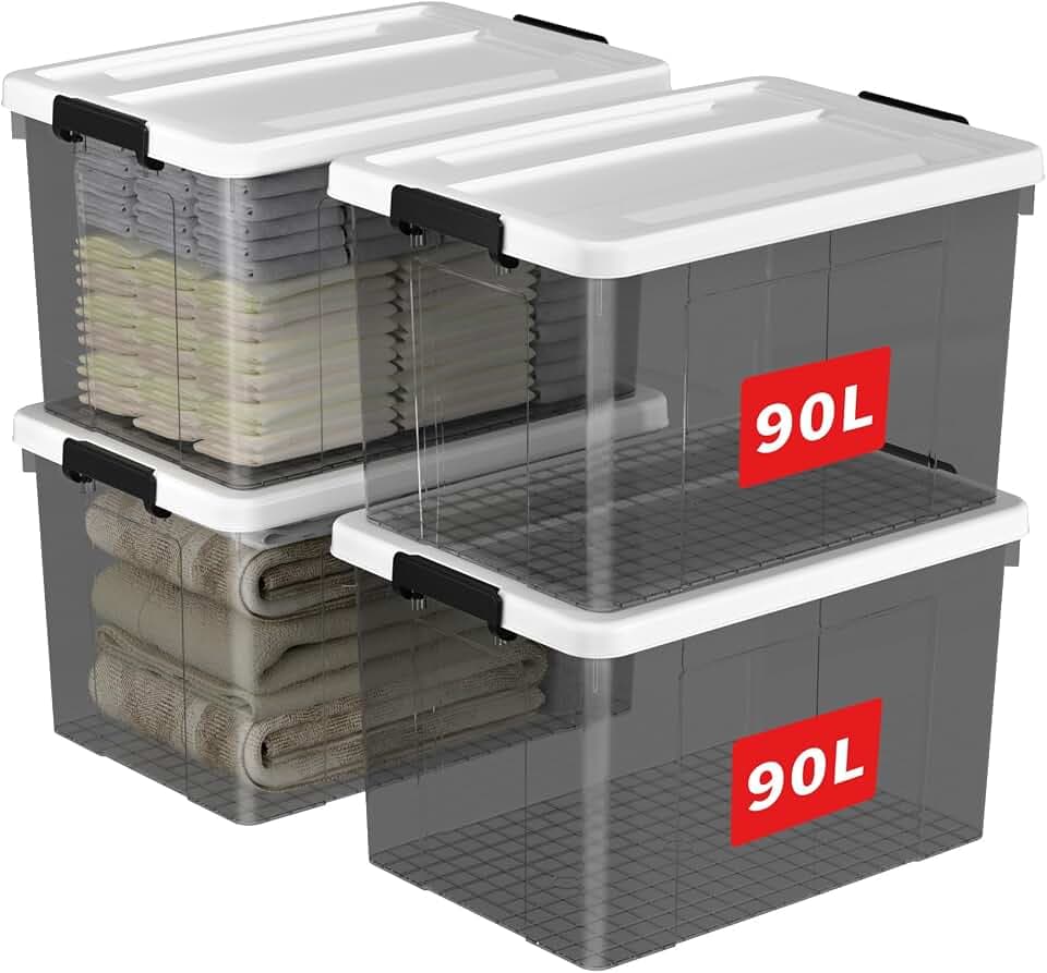 Cetomo 90L*4 Aufbewahrungsboxen, Aufbewahrungsbox mit Deckel, Organizer-Behälter mit Clips, Stapelbar, Ineinander Nestbar, für Zuhause und Büro, Kunststoff, Transparent schwarz, 90L-4er Pack