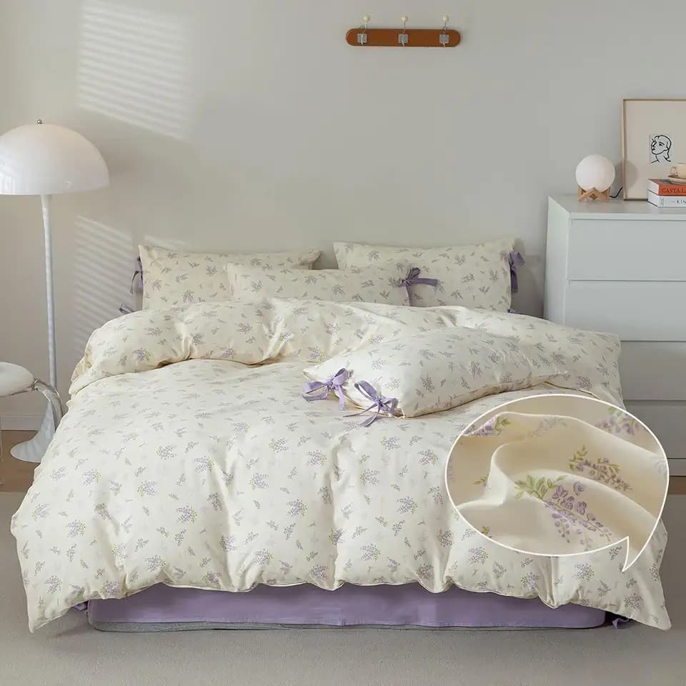 VM VOUGEMARKET Queen Comforter Set Floral Prints,Cottagecore Bedding Set,1 Purple Flower Down Alternative with 2 Bowknot Pillowcases for All Seasons(3pcs,Queen)