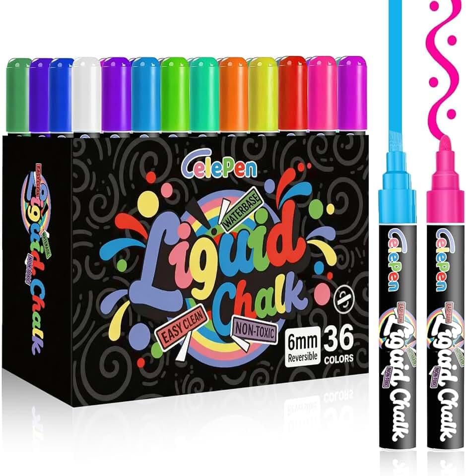 Window Chalk Markers, 36 Colors Window Liquid Chalk Marker for Windows Glass Blackboard Chalkboard Calendar, Washable Erasable Wet Erase Marker Pens Set for Bistro,Auto Car Glass, Poster, Mirror