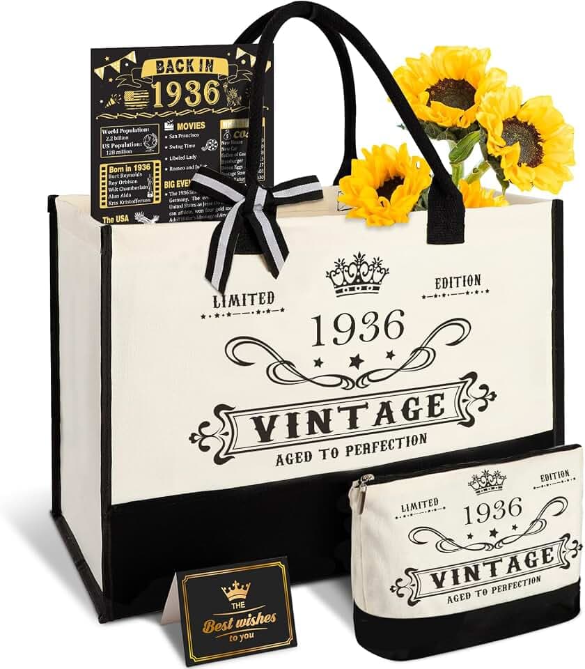 90th Birthday Gift for Women-Vintage 1936 Canvas Tote Bag,Makeup Bag,Poster