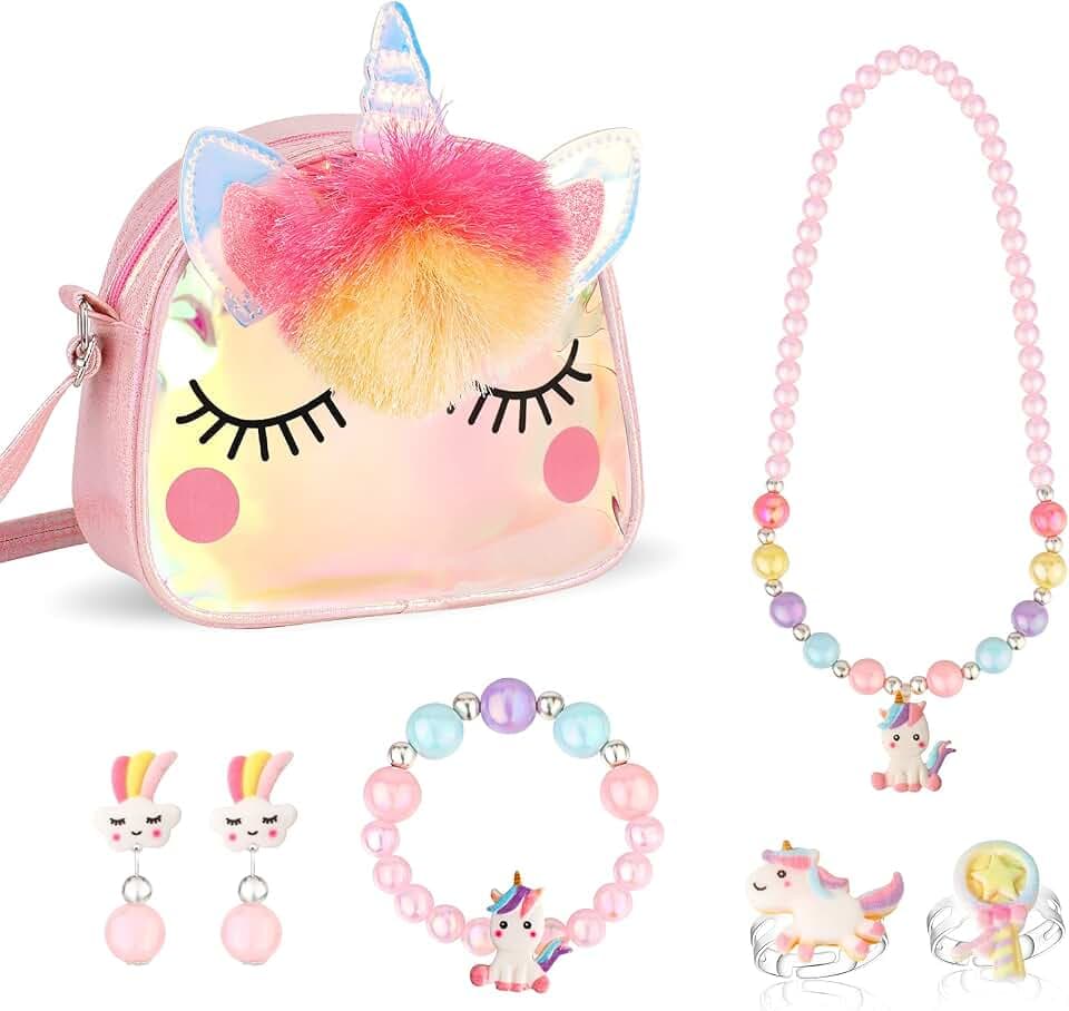 Hifot Einhorn Handtasche Schmuckset für Mädchen, Einhorn Halskette Armband Ring Ohrring Kinderschmuck Set, Prinzessin Ankleiden Geburtstag Geschenk