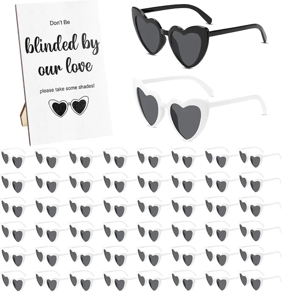 51 Pairs White Heart Shaped Sunglasses Bulk Set, 50 Wedding Sunglasses for Guests and 1 Wooden Signboard, Bridesmaid Sunglasses for Wedding Reception and Bachelorette Favors