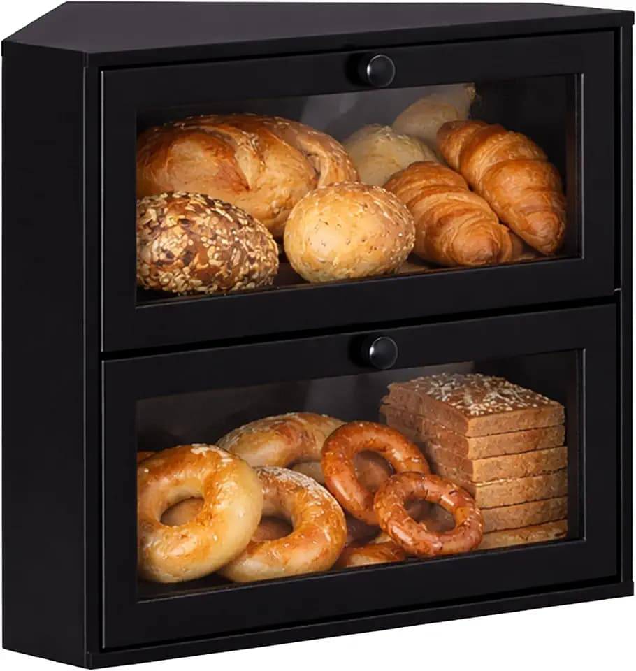 Relaxdays Eck-Brotkasten Bambus, 2 Etagen, Brotlade mit Sichtfenster, HBT: 35x40x27,5 cm, Brotbox platzsparend, Farbe