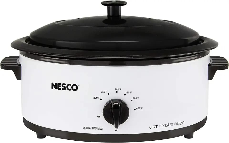 NESCO 4816‑14 Electric Roaster Oven for Everyday Home Cooking, White 6‑Quart Countertop Roaster with Porcelain Coated Steel Cookwell
