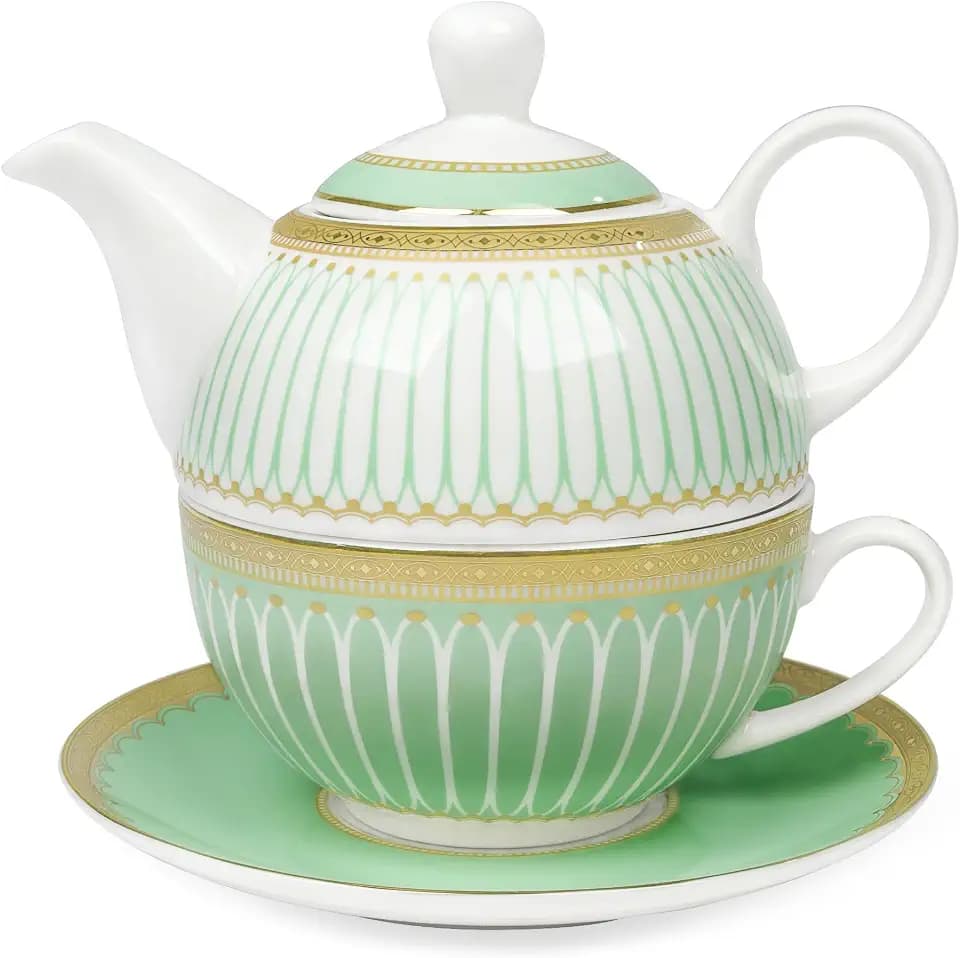 fanquare Tea for One Set mit Goldrand, Grünes Teekannen Set für Erwachsene, Keramische Kaffeetasse mit Untertasse, Klassisch Gestreift