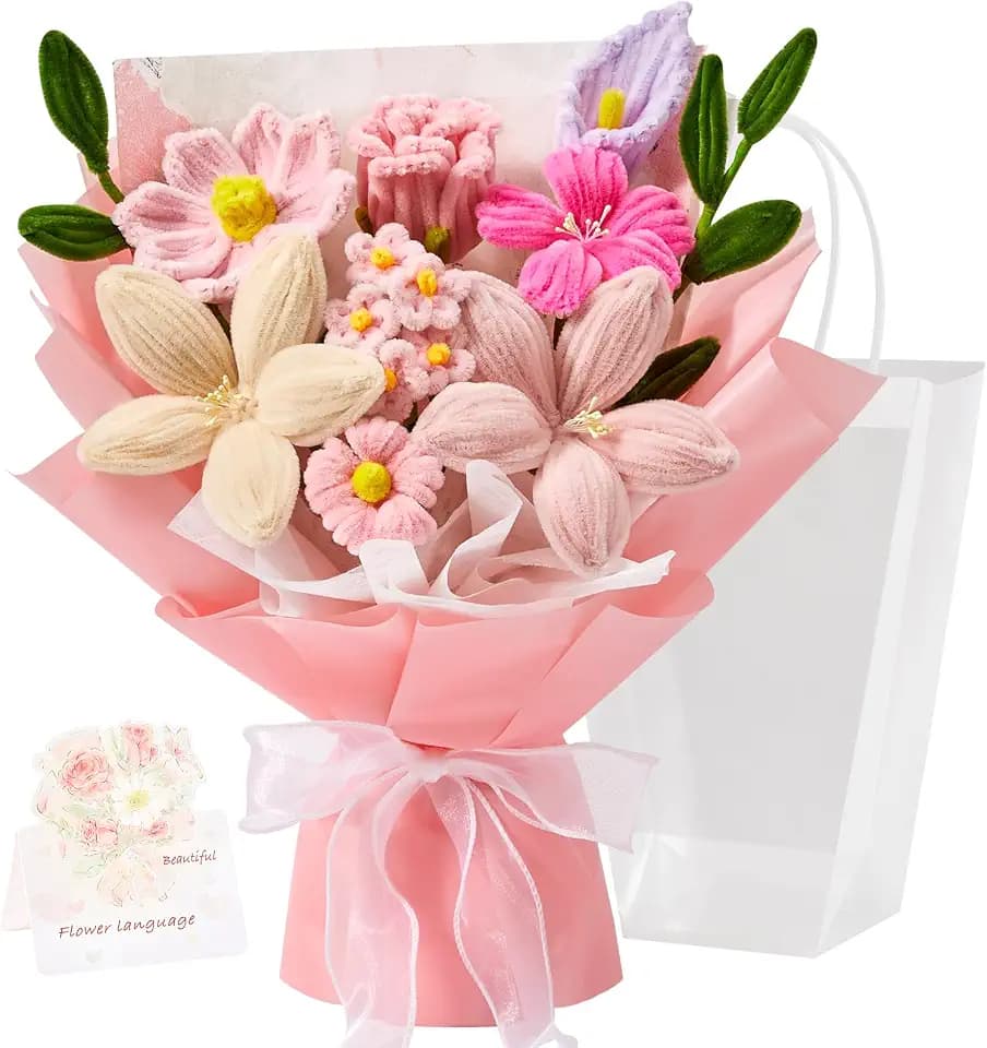Pipe Cleaner Flower Bouquet Already Made, Pink Chenille Stem Flowers, Flower Bouquet for Mom Women, Birthday Anniversary Graduation Gift(Include Card)
