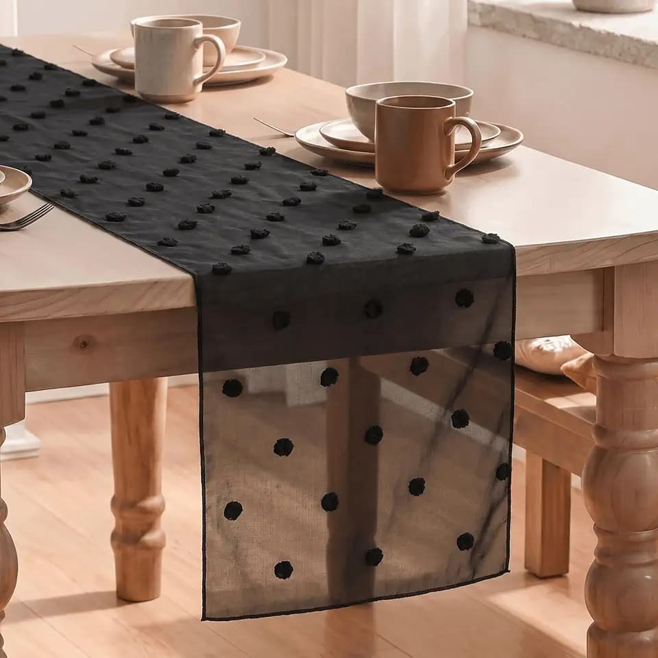 Artoid Mode Black Pom Pom Tulle Table Runner, Seasonal Halloween Washable Kitchen Dining Table Decoration for Home Party Decor 12x72 Inch