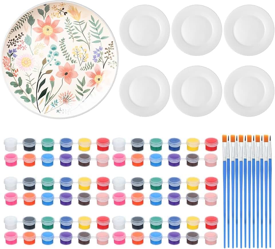 Marspark 6 Pcs 9 Inch Ceramic Plate Painting Kit with 6 Set 12 Colors Paints 12 Brushes White Color Your Own Ceramic Plates to Paint DIY Porcelain Drawing Craft for Home Decor Birthday Christmas Gift