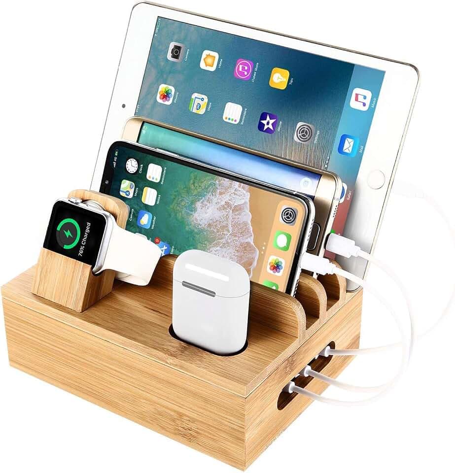 Bambus Ladestation Docking Holder, Desktop Organizer für mehrere Geräte Dock. Zubehör Kompatibel Handy/Tablet/Apple Watch/Airpods