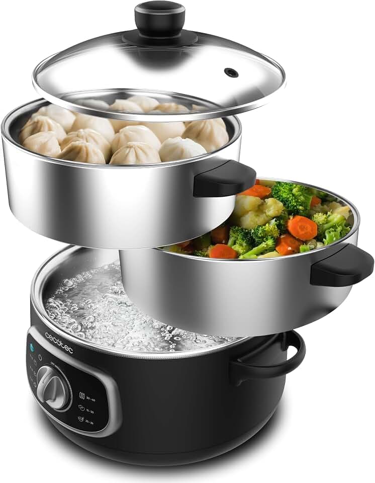 Cecotec Elektrischer Dampfgarer Vapovita Steelpot. Leistung 1300W, Edelstahlbehälter, 10L, einstellbare Zeit, Auto Abschaltung, einfache Reinigung, spezieller Deckel, gesundes Kochen, Sicherheit