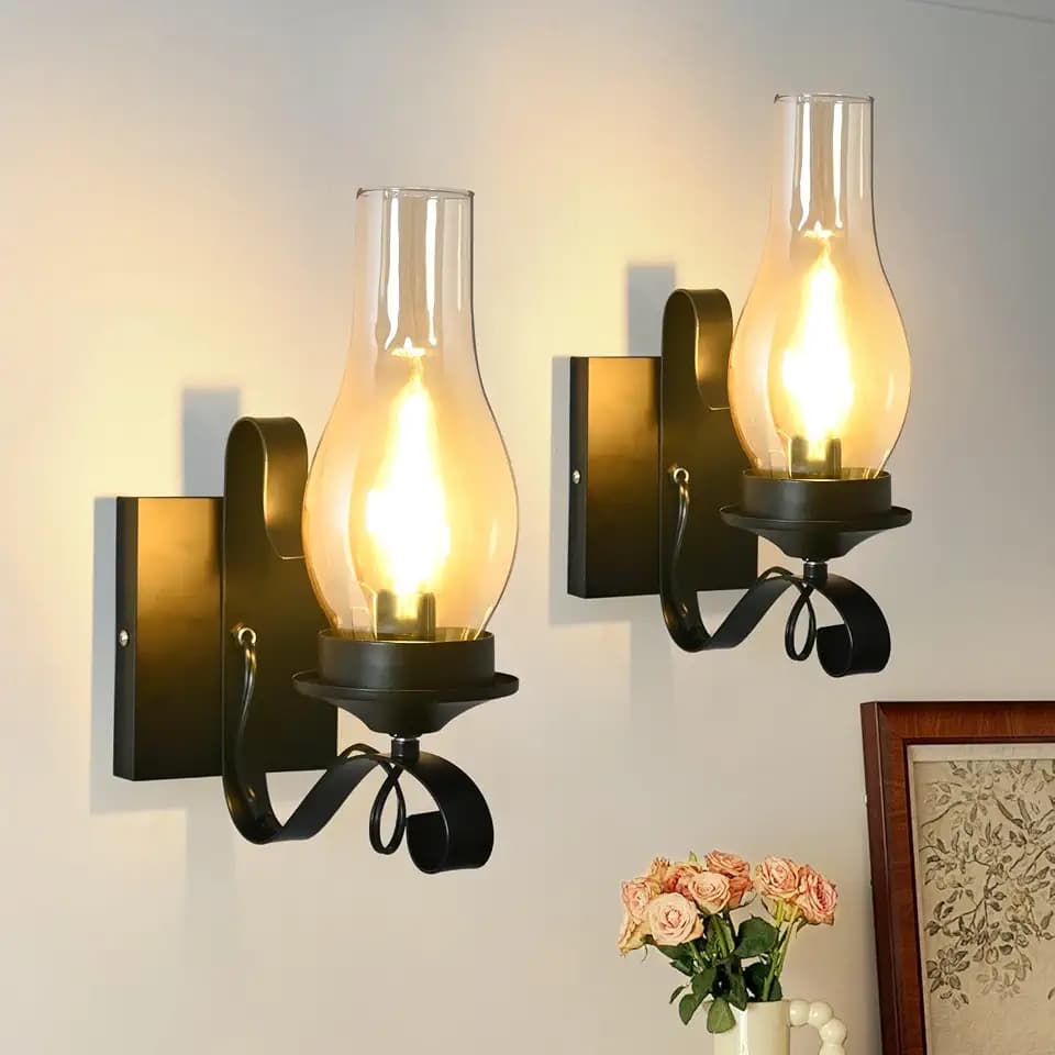 Rustic Wall Sconces, Black Farmhouse Industrial Wall Sconce with Amber Glass, Vintage Retro Wall Lamps, Indoor Wall Lighting Lantern for Bedroom Living Room Bathroom (2 Pack Hardwired)