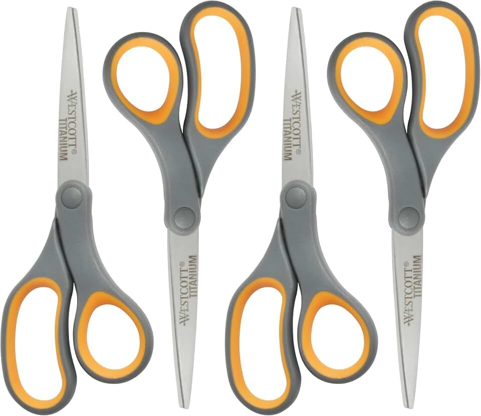 Westcott 8-Inch Titanium Bonded Straight Scissors, Soft Handle, Gray/Yellow, 4-Pack