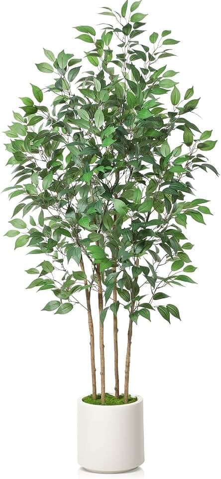 SOGUYI Künstliche Pflanzen Ficus, 180cm Künstliche Groß Seidenpflanze für Heimdekoration im Innenbereich, Kunstpflanzen in weißem Pflanzgefäß mit Kunstmoos für Heimbüro-Ecken-Innendekoration, 1er-Set