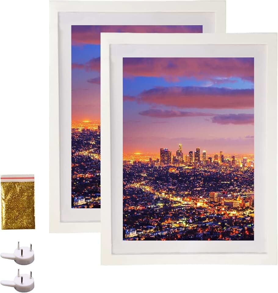 Diamond Painting Frame 30x40cm Diamond Art Frames Display Picture 12x16 without Mat or 10x14 with Mat 2 Pack,Natural Solid Wooden,Protection Glass,Back Mat,Hanging Kit for Wall Decor-White