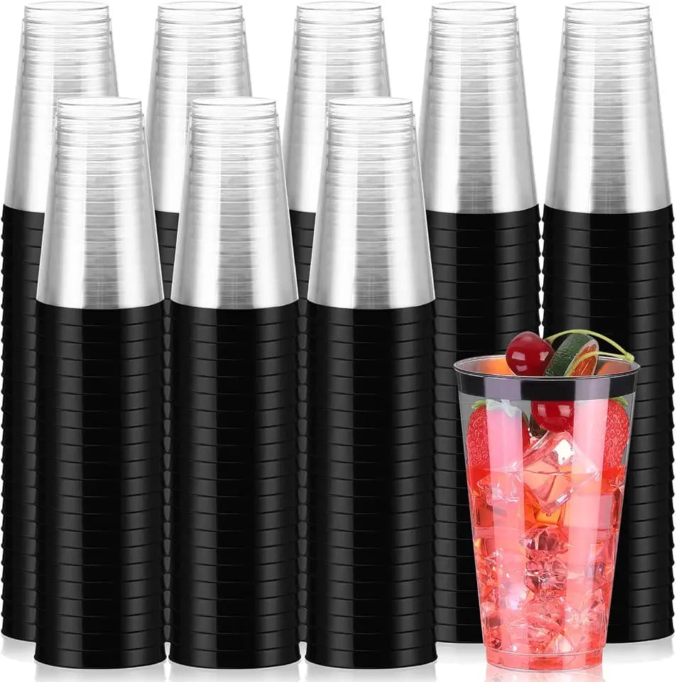 Patelai 100 Pack 16oz Black Rim Clear Disposable Plastic Cups