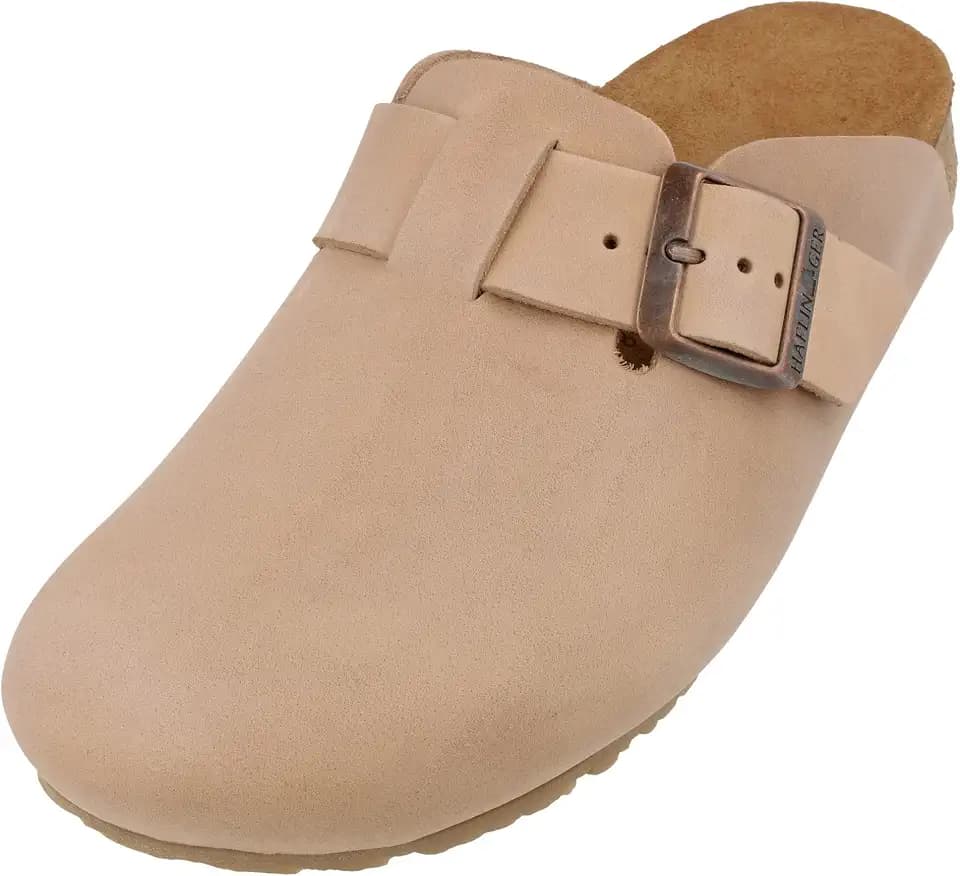 HAFLINGER Porto Eleganter Clog aus Leder Gummisohle und Kork Latex Fußbett Hausschuh Unisex