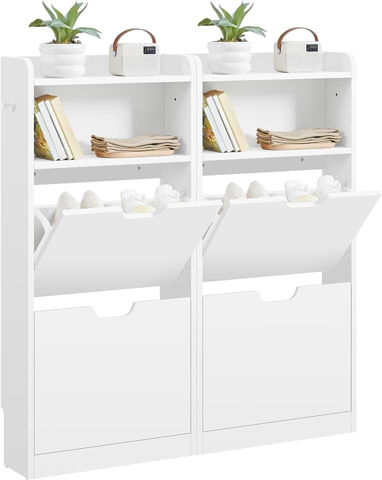 Yaheetech Schuhablage mit 4 Flip-Schubladen, Schuhkipper Schuhregal Offenes Fach, Erhöhter Rand, Haken, Hängender Schuhschrank Schmal 108 cm H, Weiß