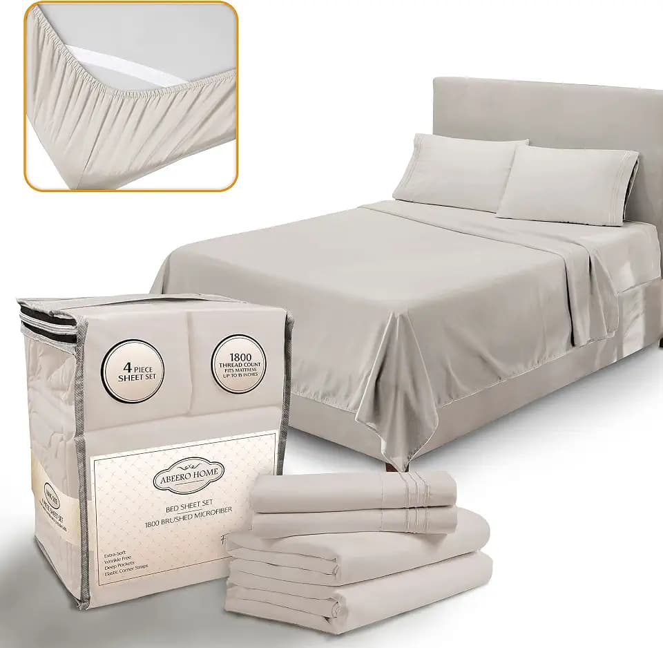Abeero Home Queen Size Bed Sheets with Elastic Corner Straps - 4pcs Beige