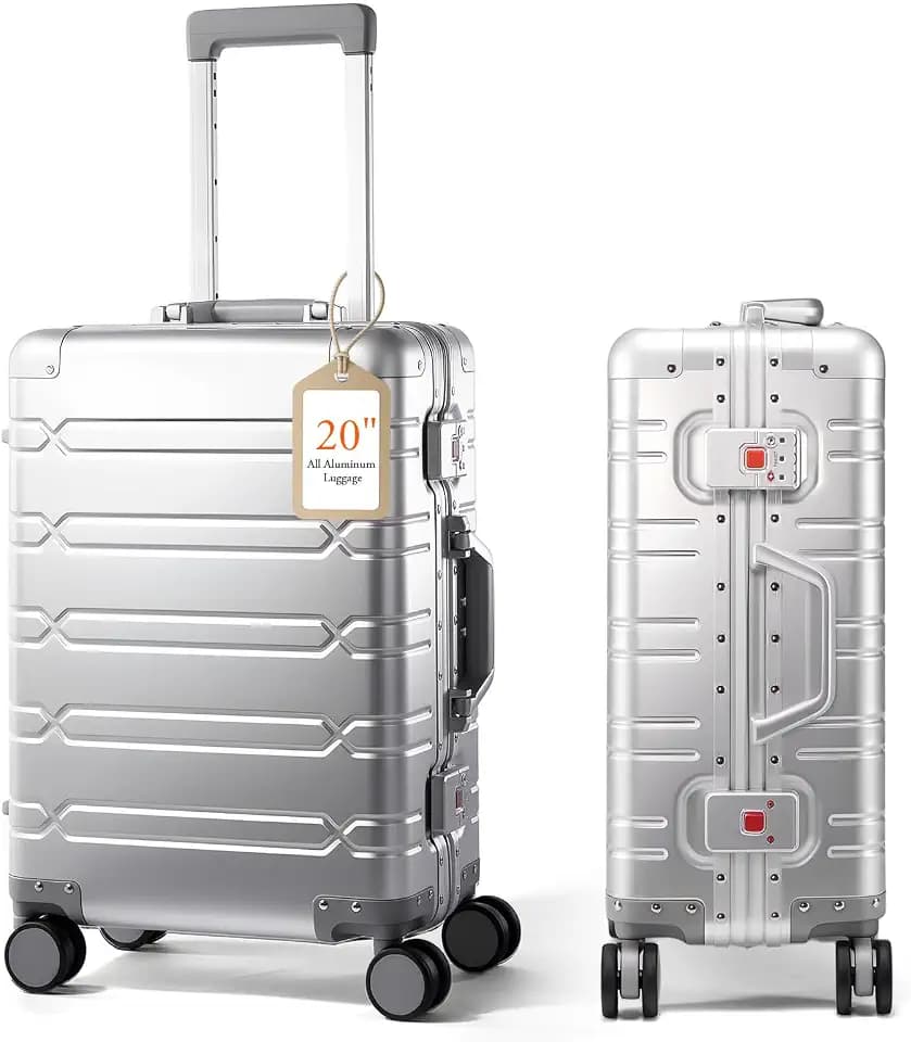 UrbanExplorer All Aluminum Carry On Luggage Hard Shell Suitcases with Spinner Wheels Zipperless Luggage 20 inch Small Carry On Suitcase for Short Trips, Sliver