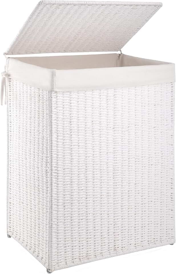 OIAHOMY Laundry Hamper with Lid, 90L(23.8 Gal) Large Wicker Laundry Basket for Bedroom, Handwoven Paper Rope Clothes Hamper with Washable Liner & Metal Frame, Decorative Organizer for Bathroom White