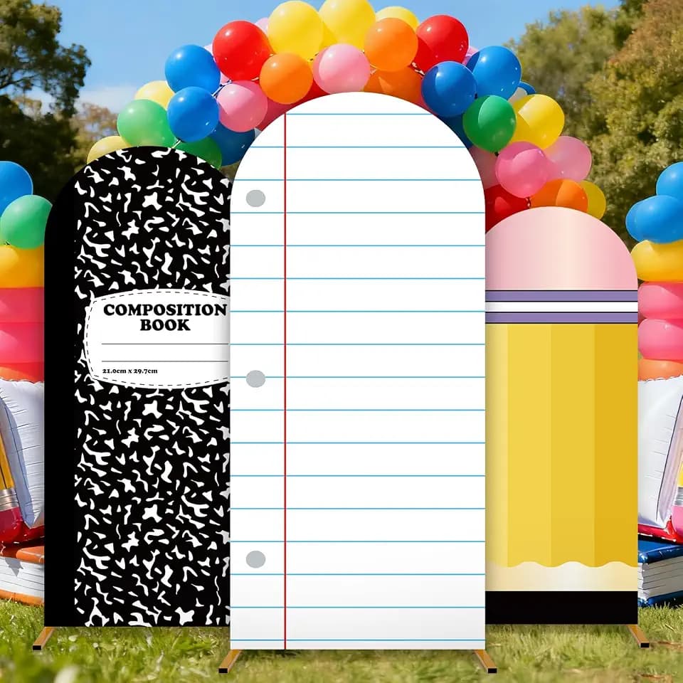 3 Pcs Back to School Composition Notebook Arch Backdrop Cover 4Ft 5Ft 6Ft Pencil Notebook Paper Arched Backdrop Stand Cover First Day of School Background for Birthday Party Ceremony Decor