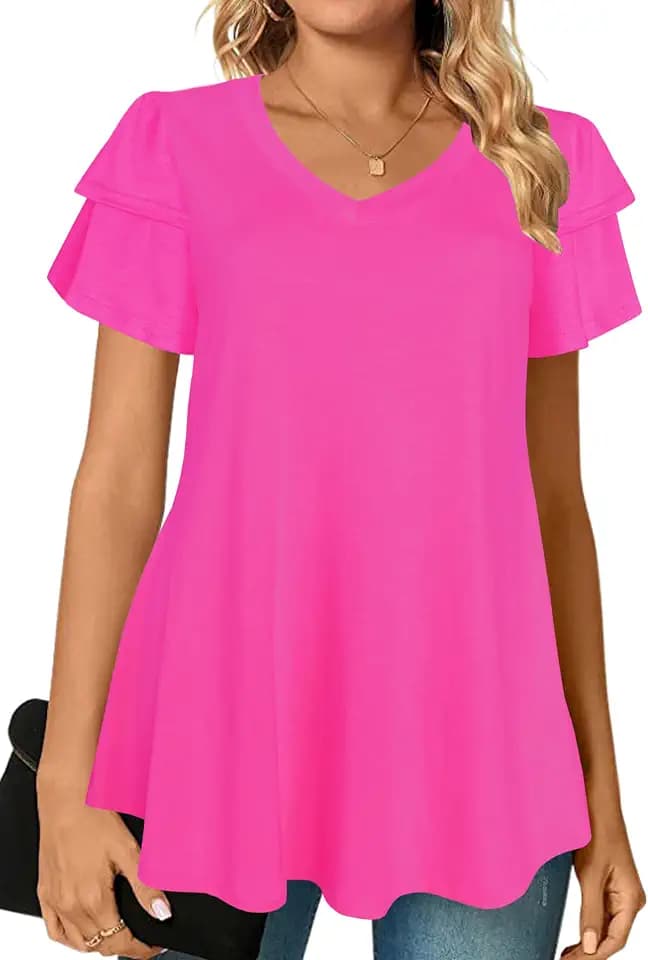 Afibi Womens Summer Tops Ruffle Short Sleeve V Neck T-Shirts Casual Loose Fit