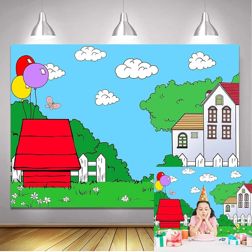 Cartoon Red House Photography Backdrop Blue Sky Grass Balloon Outdoor Background Party Decorations Kids Birthday Photo Booth Banner Cake Table Props (5x3 FT)