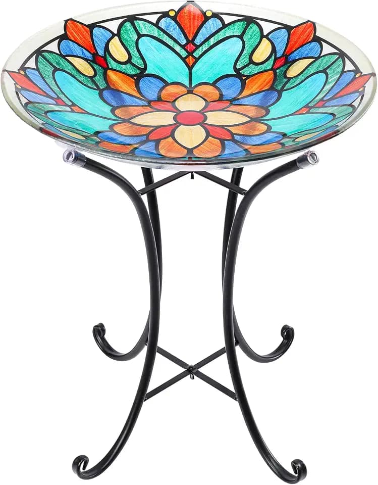 MUMTOP Glass Bird Bath with Metal Stand, Outdoor Bird Feeder Garden Decor