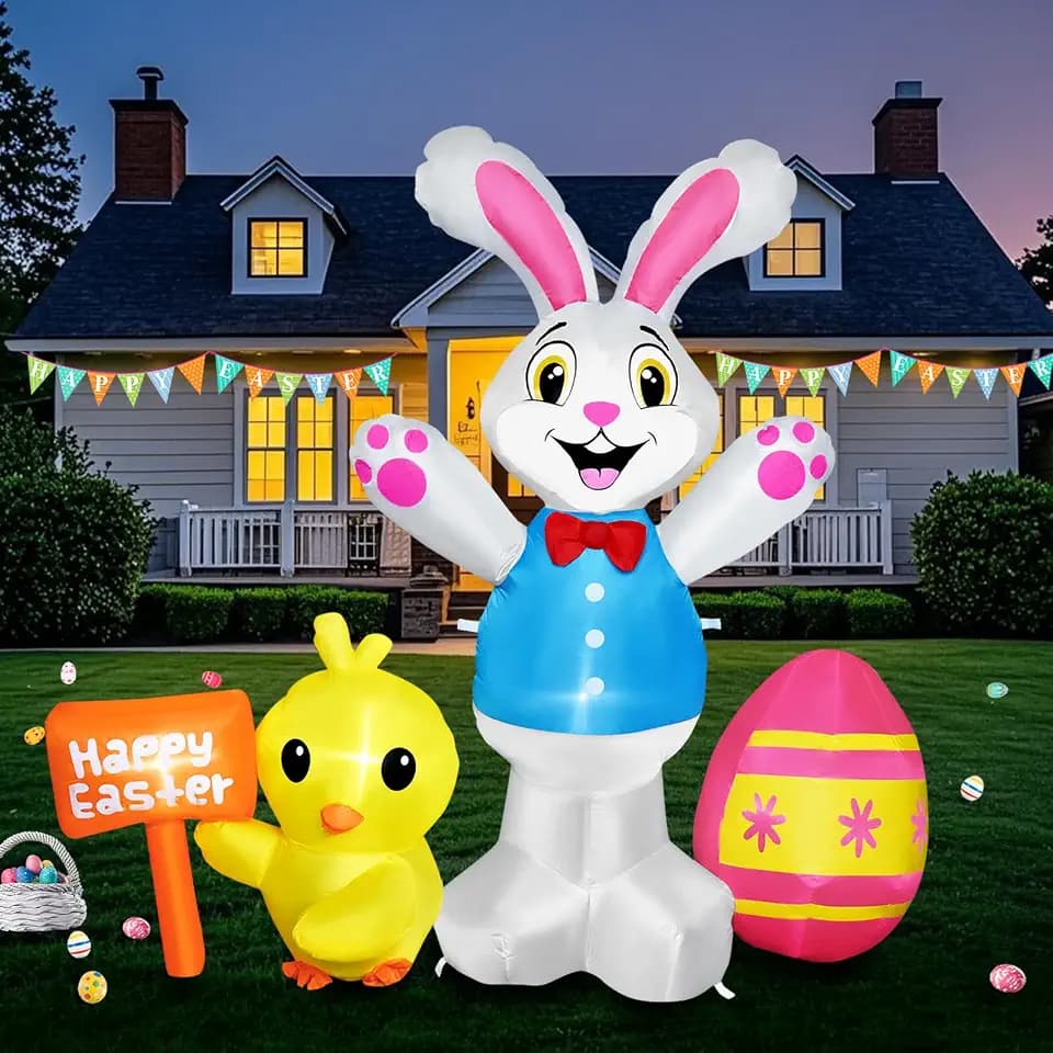 Easter Inflatables Outdoor Decorations, 5FT Tall Easter Blow Up Bunny Inflatable with Chick, Egg and Happy Yard Sign